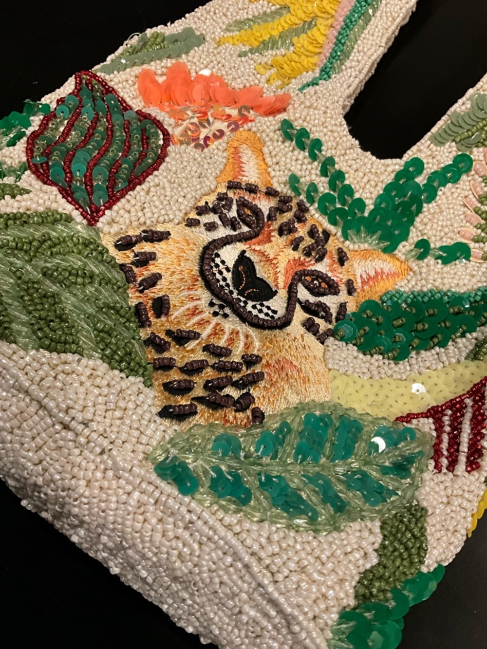 Hand-Beaded Leopard Floral Tote Bag in Cream and Green - Picture 6 of 6
